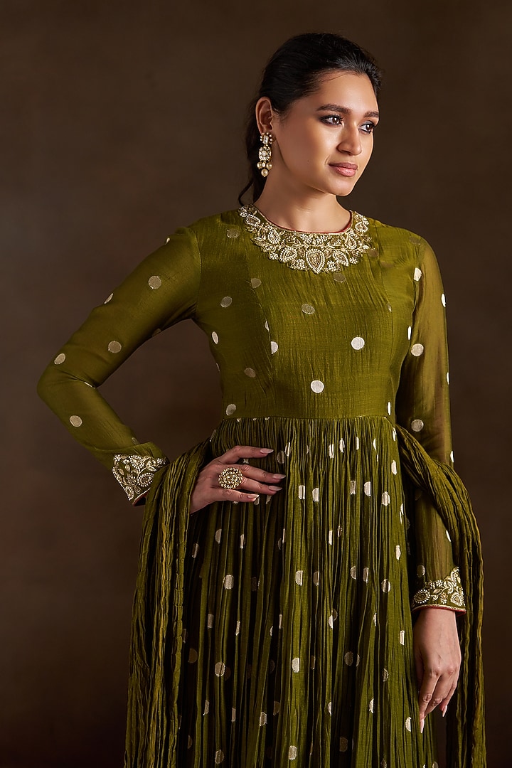 Olive Green Chanderi Sequins Embroidered Party Wear Anarkali Set by Almaari by Pooja Patel at Pernia's Pop Up Shop