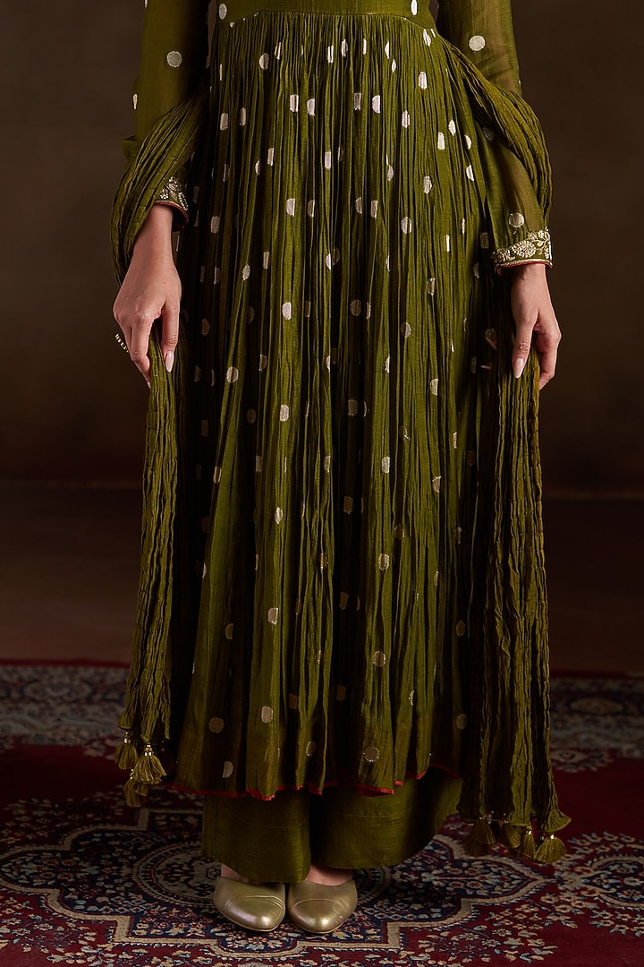 Olive Green Chanderi Sequins Embroidered Party Wear Anarkali Set by Almaari by Pooja Patel at Pernia's Pop Up Shop