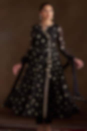Black Chanderi Sequins Embroidered Angrakha Party Wear Anarkali Set by Almaari by Pooja Patel at Pernia's Pop Up Shop