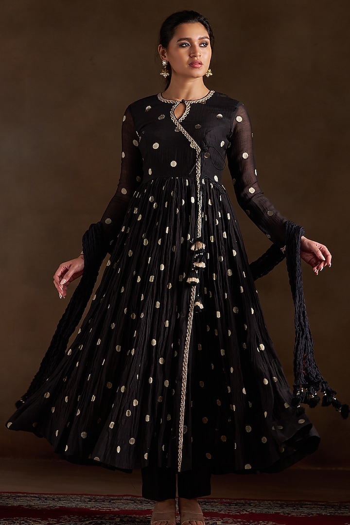 Black Chanderi Sequins Embroidered Angrakha Party Wear Anarkali Set by Almaari by Pooja Patel at Pernia's Pop Up Shop