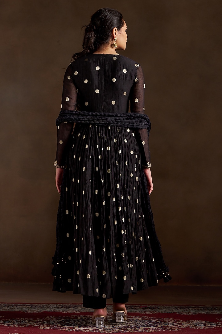 Black Chanderi Sequins Embroidered Angrakha Party Wear Anarkali Set by Almaari by Pooja Patel at Pernia's Pop Up Shop