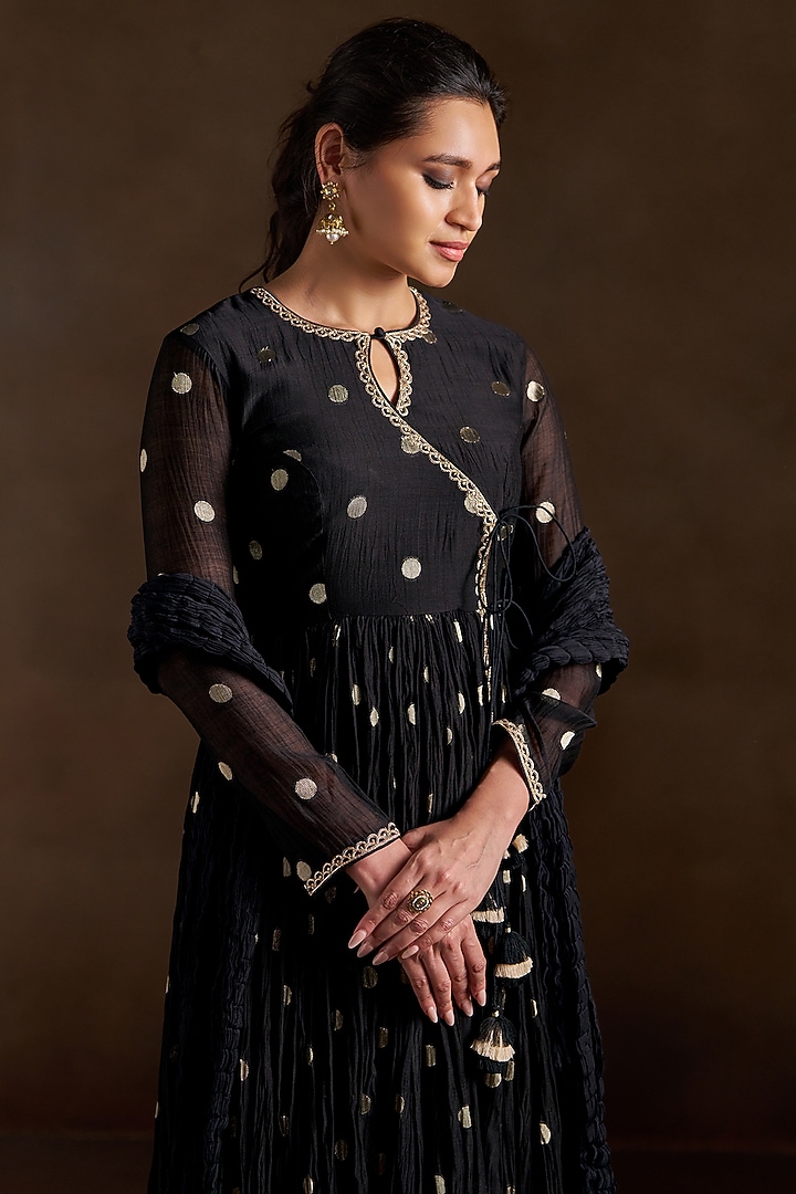 Black Chanderi Sequins Embroidered Angrakha Party Wear Anarkali Set by Almaari by Pooja Patel at Pernia's Pop Up Shop