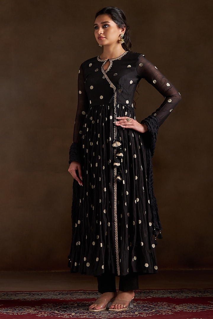 Black Chanderi Sequins Embroidered Angrakha Party Wear Anarkali Set by Almaari by Pooja Patel at Pernia's Pop Up Shop