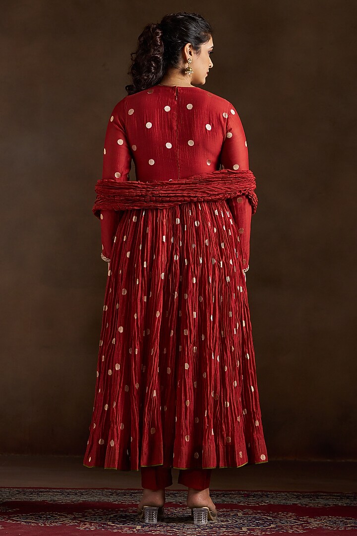 Rust Chanderi Sequins Embroidered Angrakha Party Wear Anarkali Set by Almaari by Pooja Patel at Pernia's Pop Up Shop