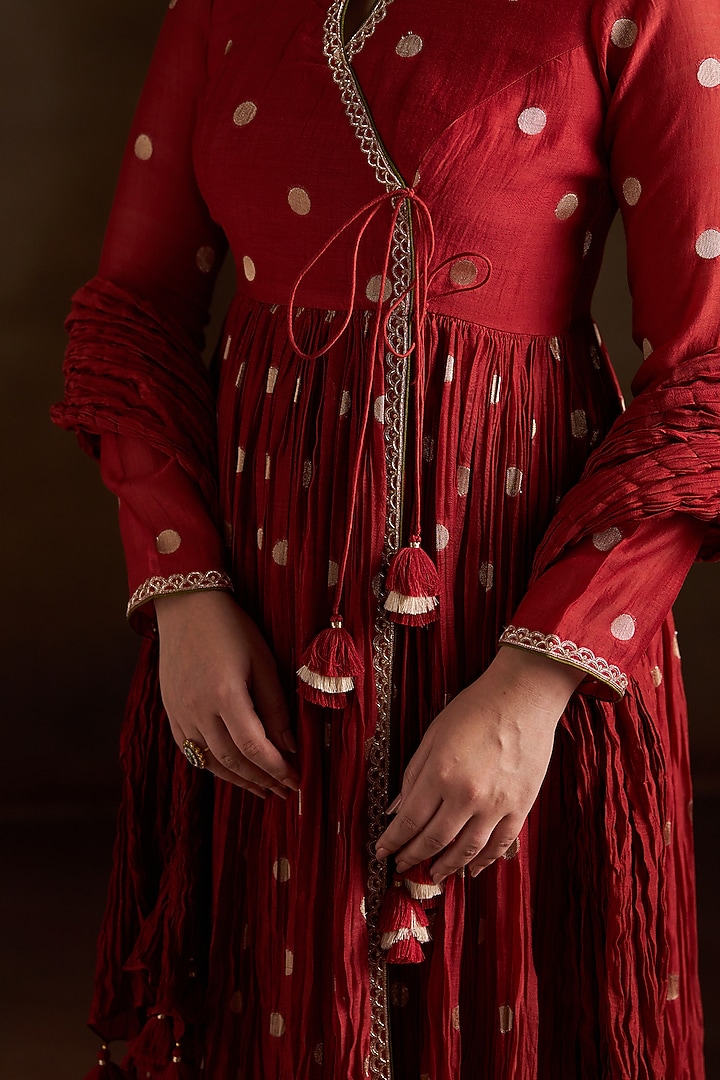 Rust Chanderi Sequins Embroidered Angrakha Party Wear Anarkali Set by Almaari by Pooja Patel at Pernia's Pop Up Shop