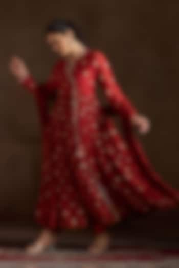 Rust Chanderi Sequins Embroidered Angrakha Party Wear Anarkali Set by Almaari by Pooja Patel at Pernia's Pop Up Shop