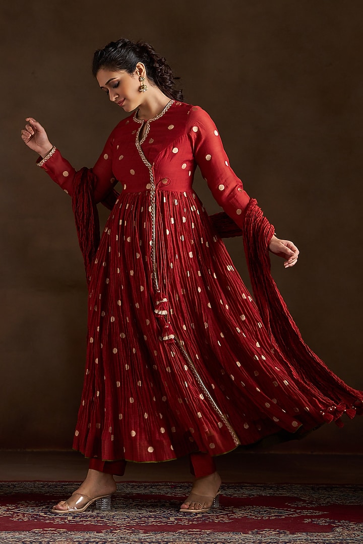 Rust Chanderi Sequins Embroidered Angrakha Party Wear Anarkali Set by Almaari by Pooja Patel at Pernia's Pop Up Shop