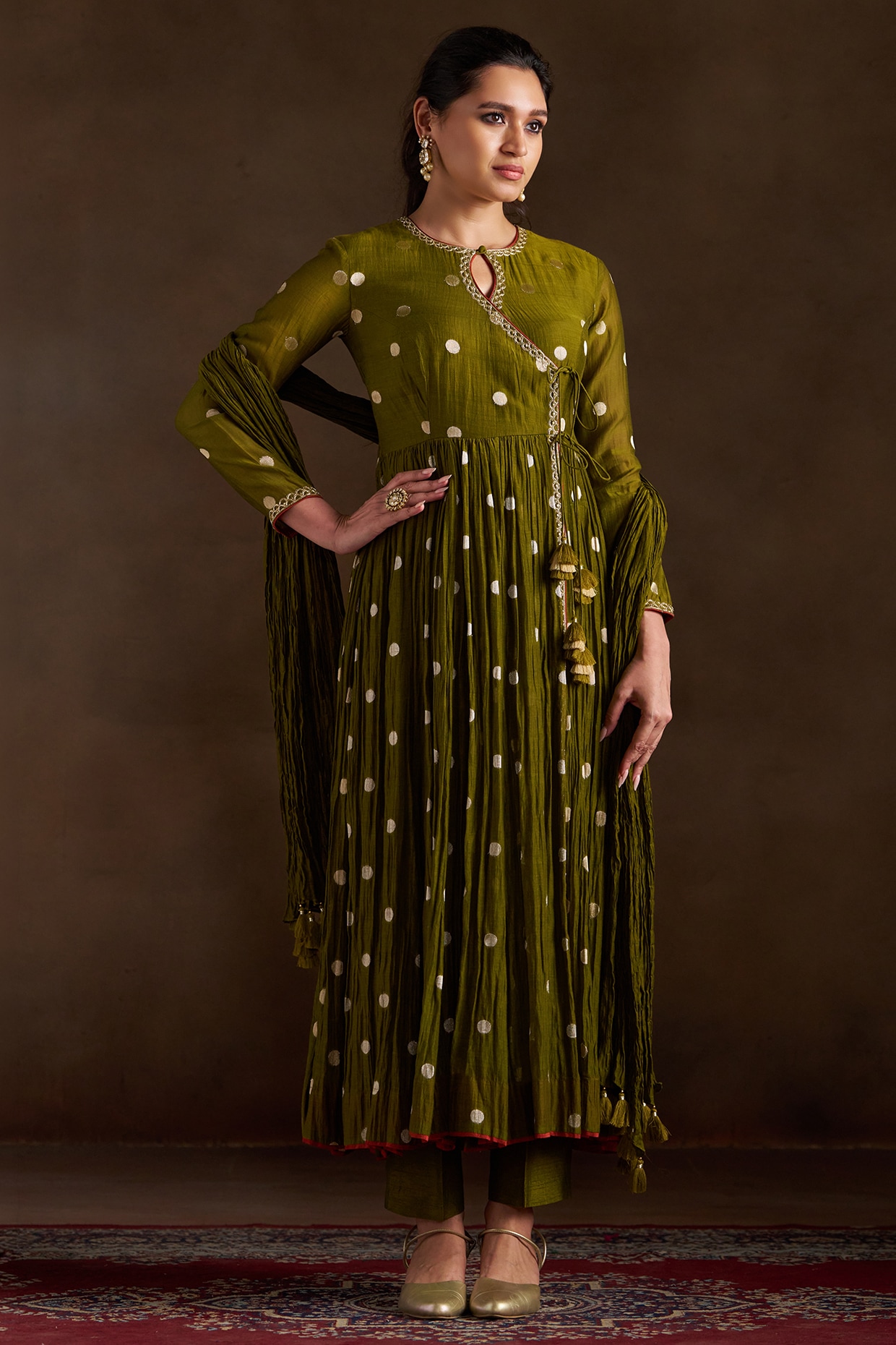 Almaari by Pooja Patel Mehendi Green Chanderi Embroidered Angrakha Anarkali Set