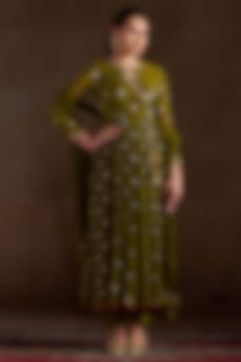 Mehendi Green Chanderi Embroidered Angrakha Party Wear Anarkali Set by Almaari by Pooja Patel at Pernia's Pop Up Shop