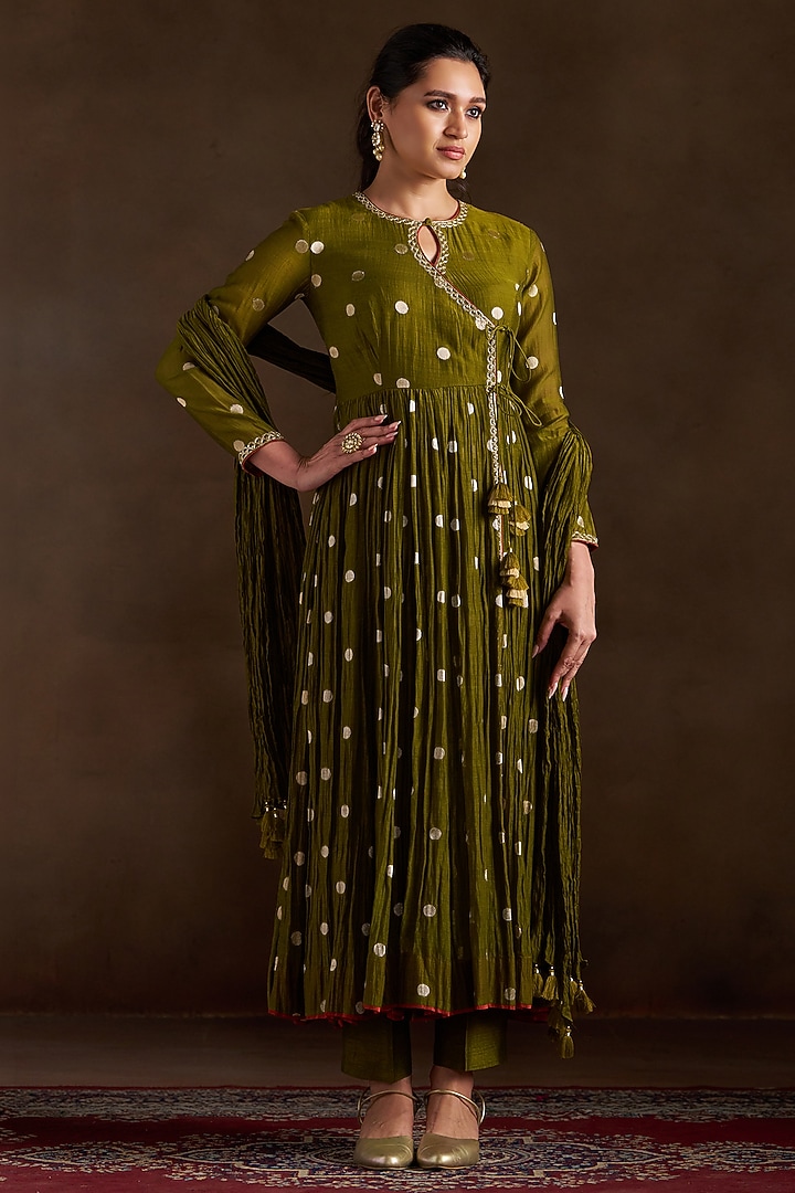 Mehendi Green Chanderi Embroidered Angrakha Party Wear Anarkali Set by Almaari by Pooja Patel at Pernia's Pop Up Shop