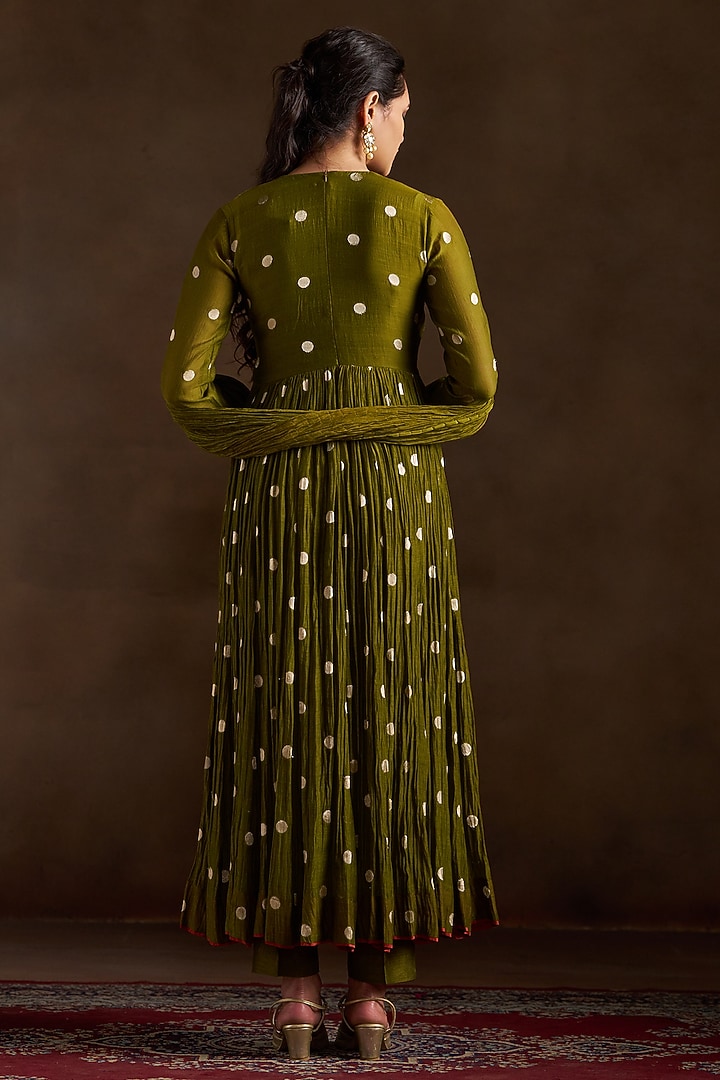 Mehendi Green Chanderi Embroidered Angrakha Party Wear Anarkali Set by Almaari by Pooja Patel at Pernia's Pop Up Shop