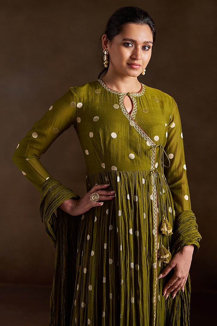 Mehendi Green Chanderi Embroidered Angrakha Party Wear Anarkali Set by Almaari by Pooja Patel at Pernia's Pop Up Shop