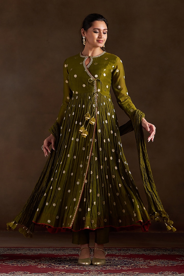 Mehendi Green Chanderi Embroidered Angrakha Party Wear Anarkali Set by Almaari by Pooja Patel at Pernia's Pop Up Shop