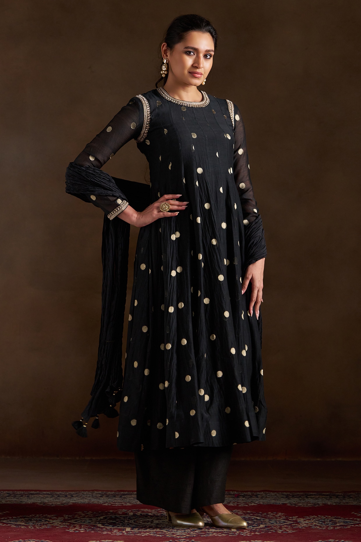 Almaari by Pooja Patel Black Chanderi Sequins Embroidered Anarkali Set