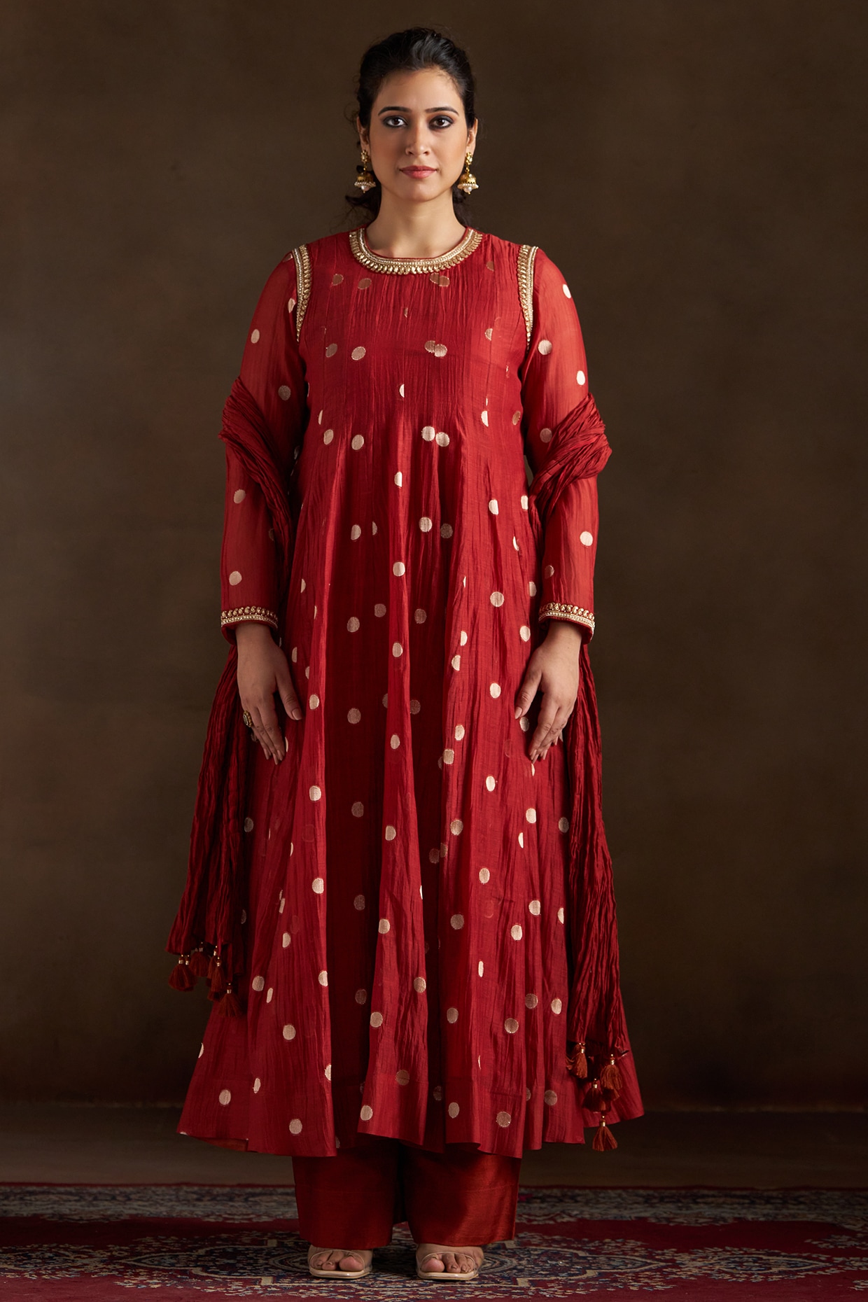 Almaari by Pooja Patel Rust Chanderi Sequins Embroidered Anarkali Set