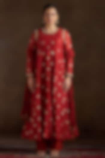 Rust Chanderi Sequins Embroidered Party Wear Anarkali Set by Almaari by Pooja Patel at Pernia's Pop Up Shop