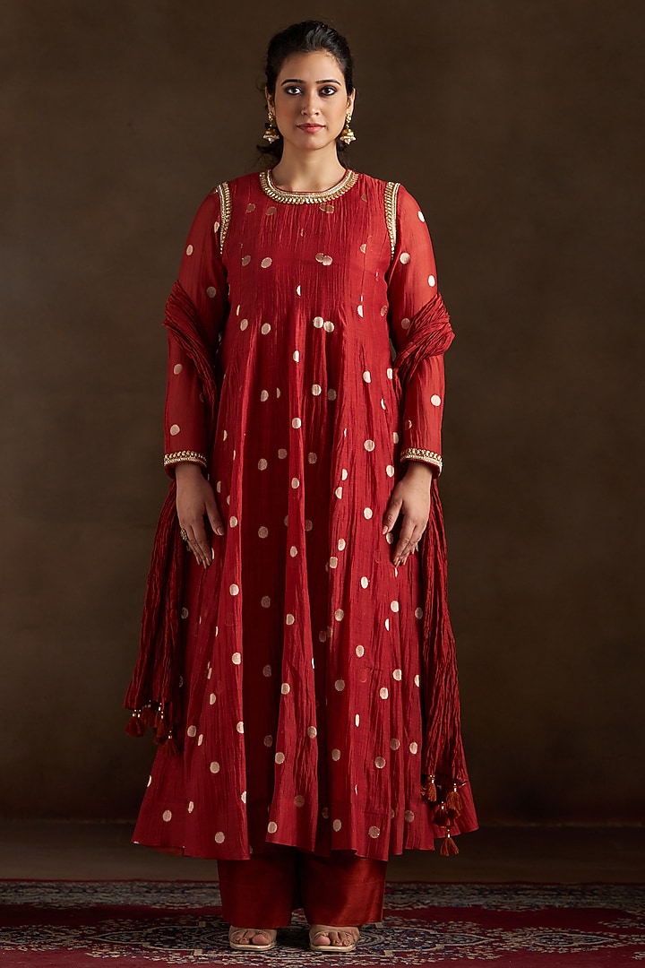 Rust Chanderi Sequins Embroidered Party Wear Anarkali Set by Almaari by Pooja Patel at Pernia's Pop Up Shop