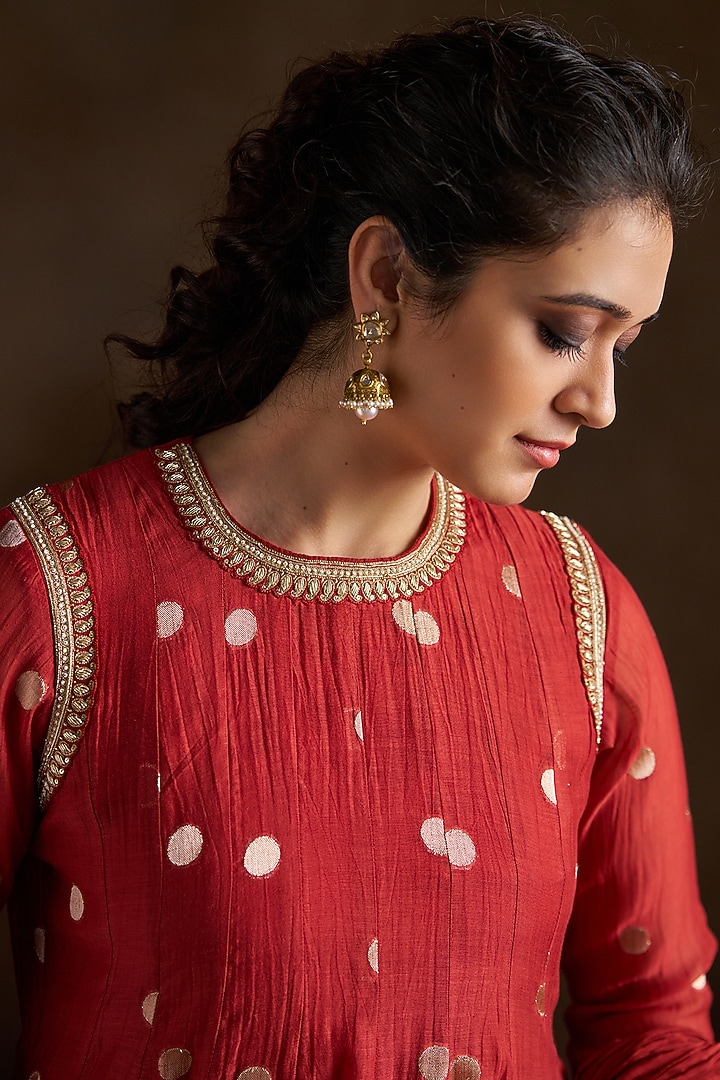 Rust Chanderi Sequins Embroidered Party Wear Anarkali Set by Almaari by Pooja Patel at Pernia's Pop Up Shop