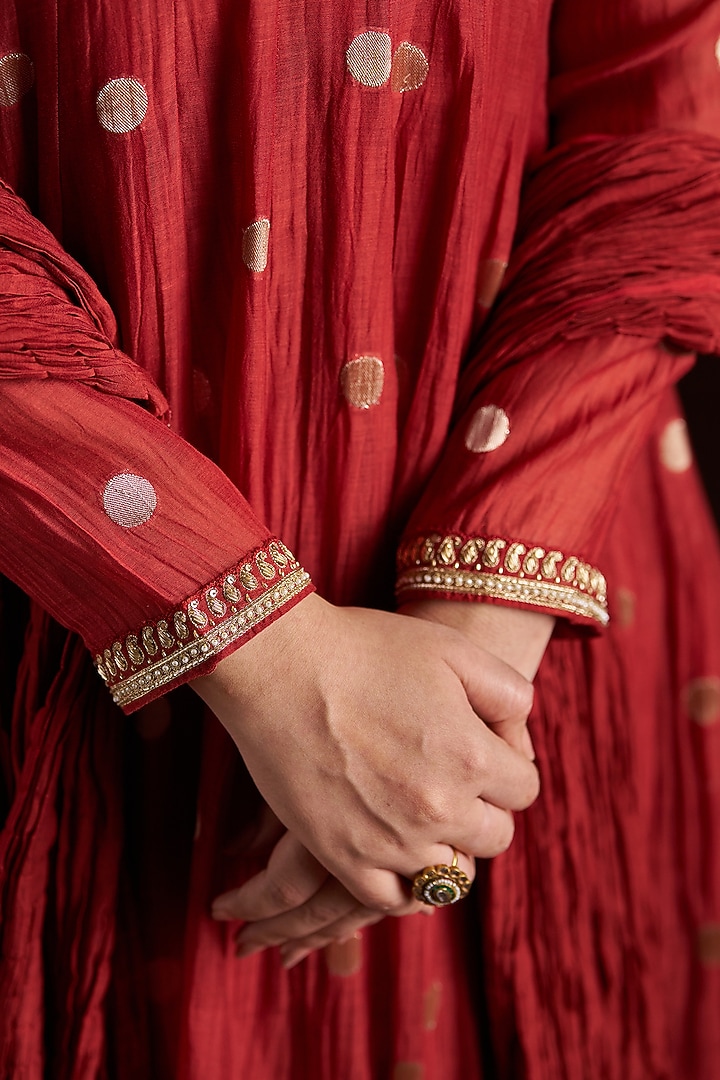Rust Chanderi Sequins Embroidered Party Wear Anarkali Set by Almaari by Pooja Patel at Pernia's Pop Up Shop