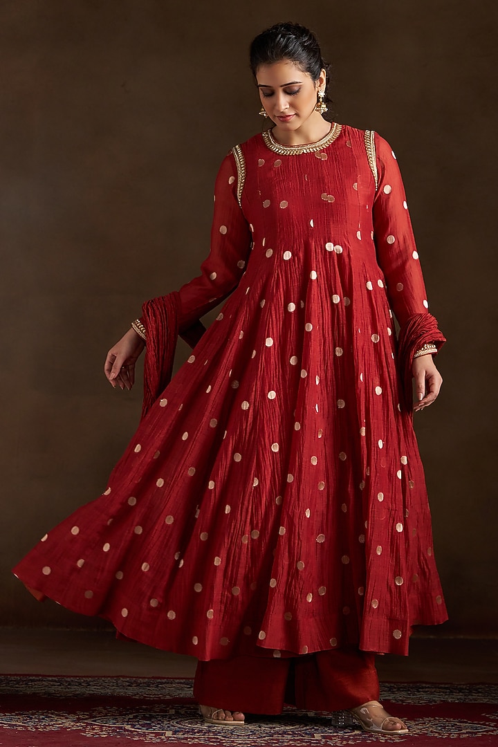 Rust Chanderi Sequins Embroidered Party Wear Anarkali Set by Almaari by Pooja Patel at Pernia's Pop Up Shop