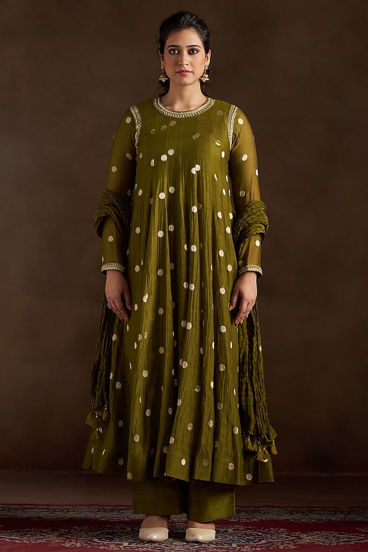 Mehendi Green Chanderi Sequins Embroidered Party Wear Anarkali Set by Almaari by Pooja Patel at Pernia's Pop Up Shop