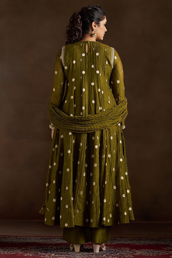 Mehendi Green Chanderi Sequins Embroidered Party Wear Anarkali Set by Almaari by Pooja Patel at Pernia's Pop Up Shop