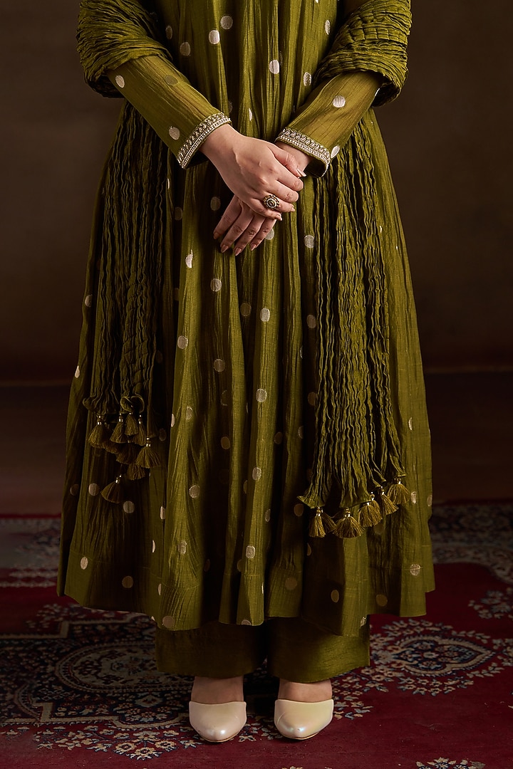 Mehendi Green Chanderi Sequins Embroidered Party Wear Anarkali Set by Almaari by Pooja Patel at Pernia's Pop Up Shop