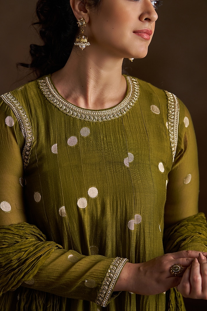Mehendi Green Chanderi Sequins Embroidered Party Wear Anarkali Set by Almaari by Pooja Patel at Pernia's Pop Up Shop