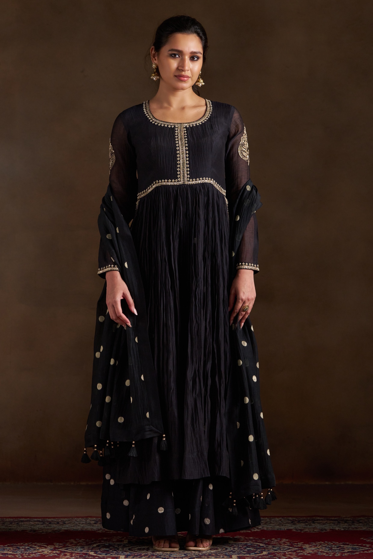 Almaari by Pooja Patel Black Pure Chanderi Sequins Embroidered Anarkali Set