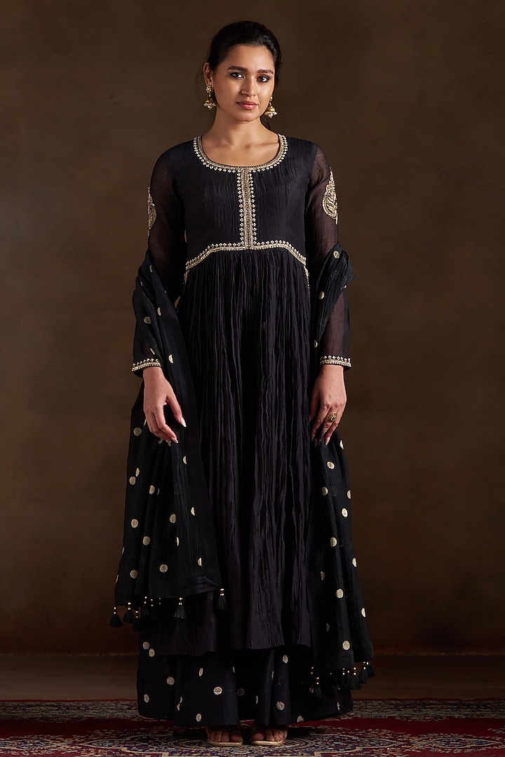 Black Pure Chanderi Sequins Embroidered Wedding Anarkali Set by Almaari by Pooja Patel at Pernia's Pop Up Shop