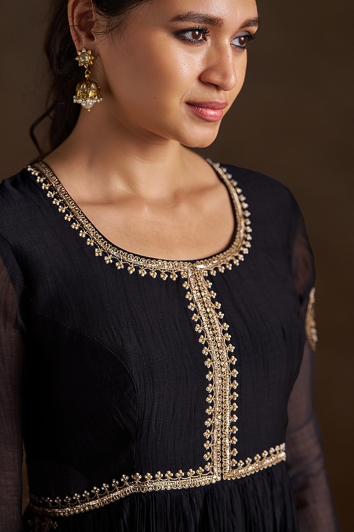 Black Pure Chanderi Sequins Embroidered Wedding Anarkali Set by Almaari by Pooja Patel at Pernia's Pop Up Shop