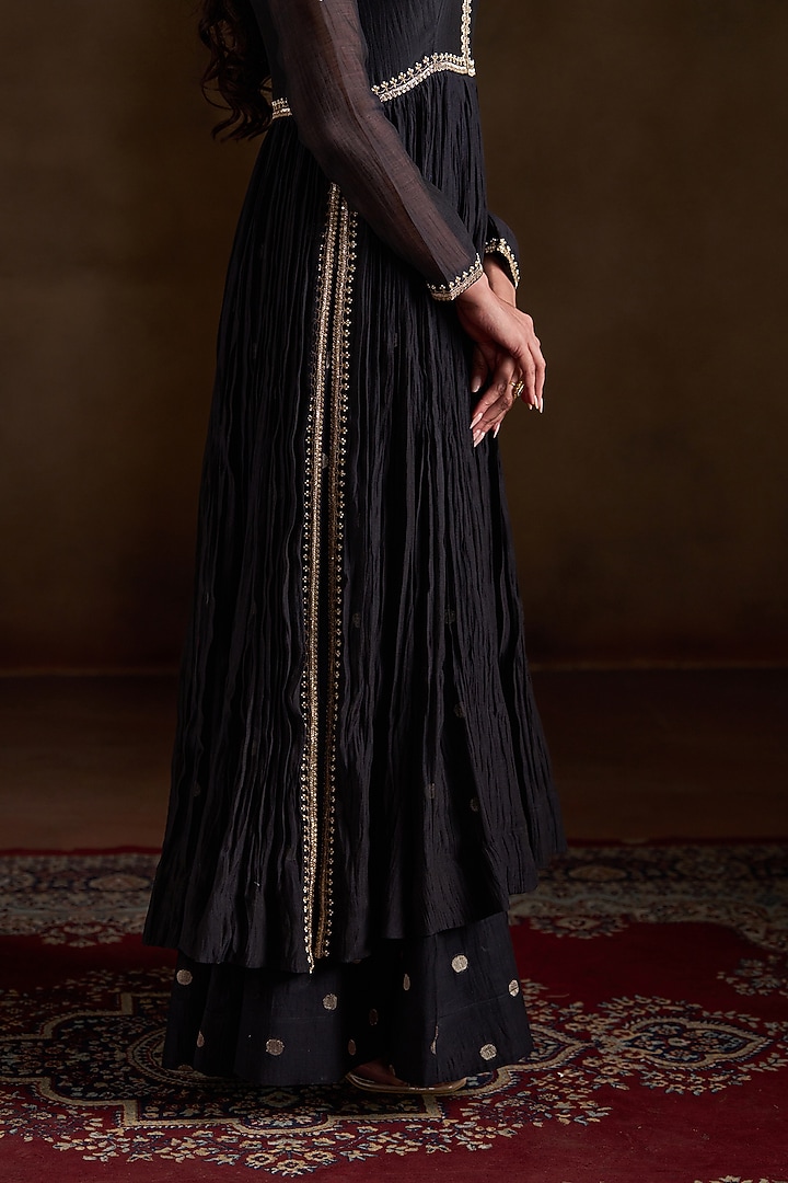 Black Pure Chanderi Sequins Embroidered Wedding Anarkali Set by Almaari by Pooja Patel at Pernia's Pop Up Shop