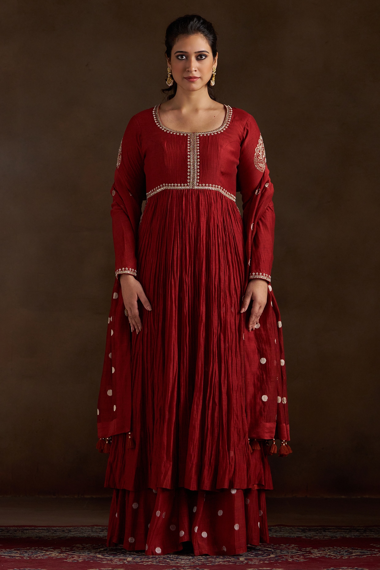 Almaari by Pooja Patel Rust Pure Chanderi Sequins Embroidered Anarkali Set