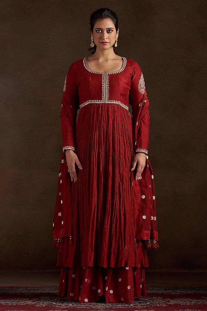 Rust Pure Chanderi Sequins Embroidered Wedding Anarkali Set by Almaari by Pooja Patel at Pernia's Pop Up Shop