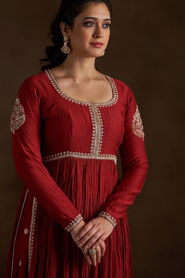 Rust Pure Chanderi Sequins Embroidered Wedding Anarkali Set by Almaari by Pooja Patel at Pernia's Pop Up Shop