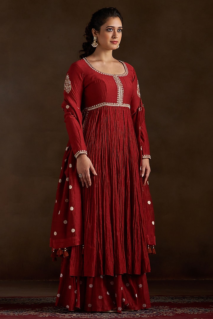 Rust Pure Chanderi Sequins Embroidered Wedding Anarkali Set by Almaari by Pooja Patel at Pernia's Pop Up Shop