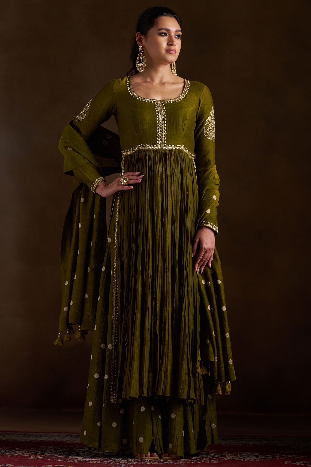 Almaari by Pooja Patel Olive Green Pure Chanderi Sequins Embroidered Anarkali Set