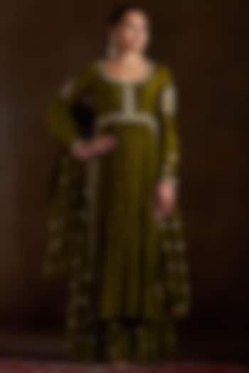 Olive Green Pure Chanderi Sequins Embroidered Wedding Anarkali Set by Almaari by Pooja Patel at Pernia's Pop Up Shop