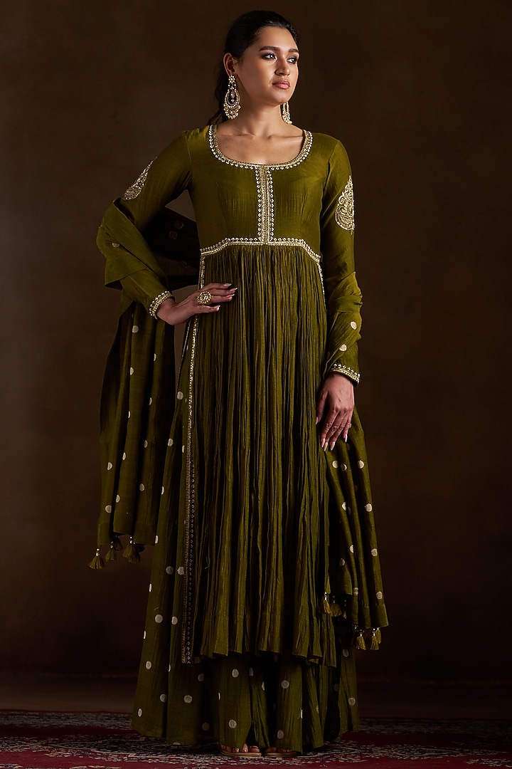 Olive Green Pure Chanderi Sequins Embroidered Wedding Anarkali Set by Almaari by Pooja Patel at Pernia's Pop Up Shop