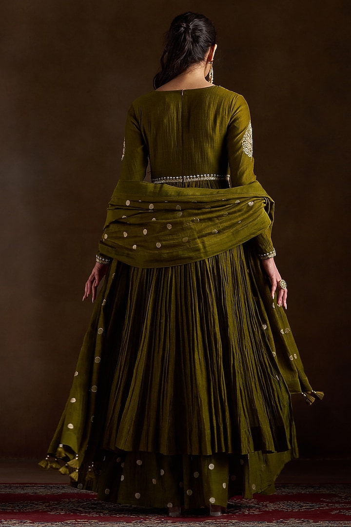 Olive Green Pure Chanderi Sequins Embroidered Wedding Anarkali Set by Almaari by Pooja Patel at Pernia's Pop Up Shop