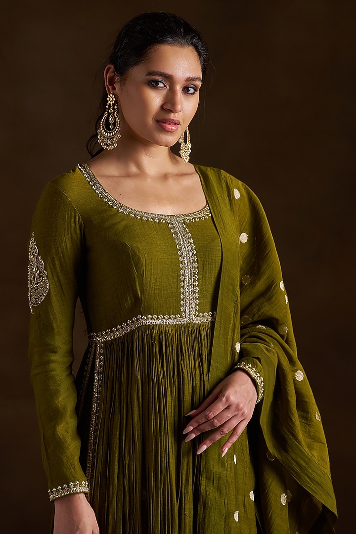 Olive Green Pure Chanderi Sequins Embroidered Wedding Anarkali Set by Almaari by Pooja Patel at Pernia's Pop Up Shop