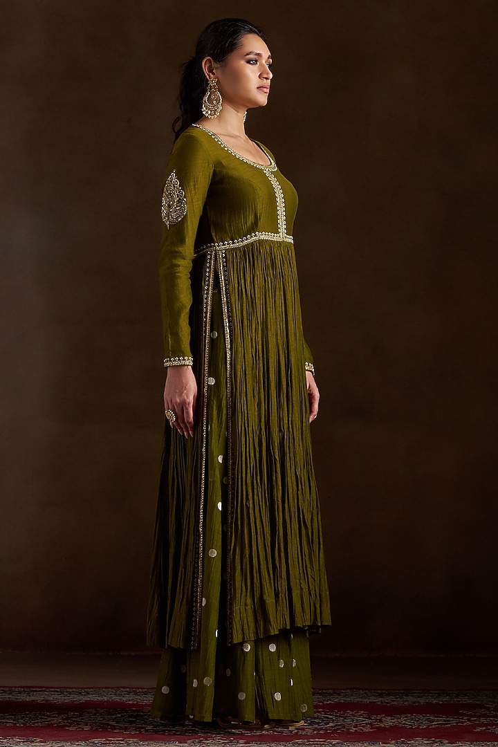 Olive Green Pure Chanderi Sequins Embroidered Wedding Anarkali Set by Almaari by Pooja Patel at Pernia's Pop Up Shop