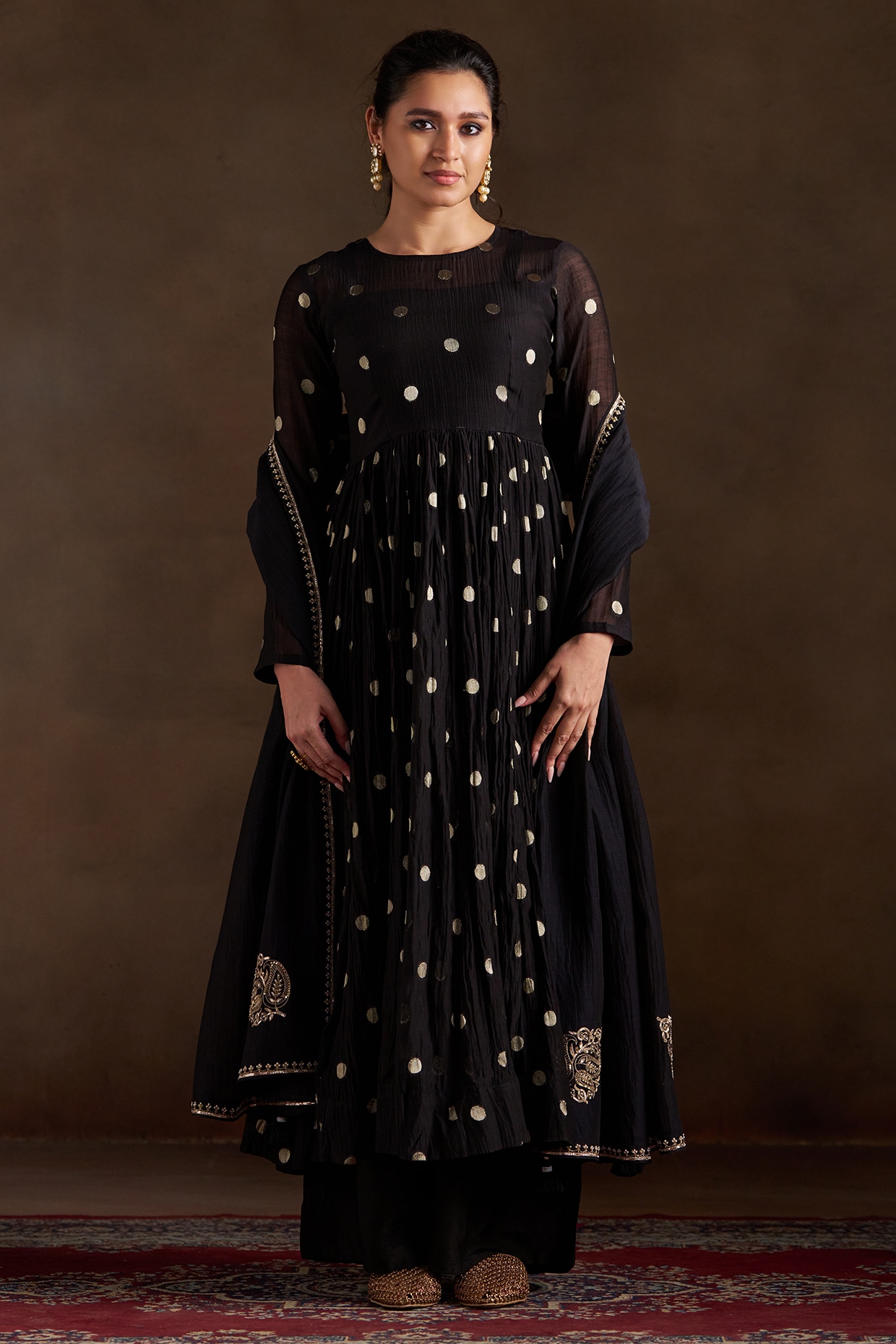Almaari by Pooja Patel Black Pure Chanderi Sequins Embroidered Anarkali Set