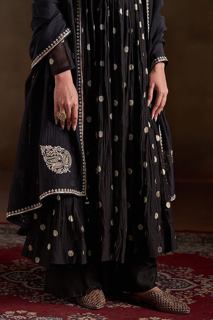 Black Pure Chanderi Sequins Embroidered Party Wear Anarkali Set by Almaari by Pooja Patel at Pernia's Pop Up Shop
