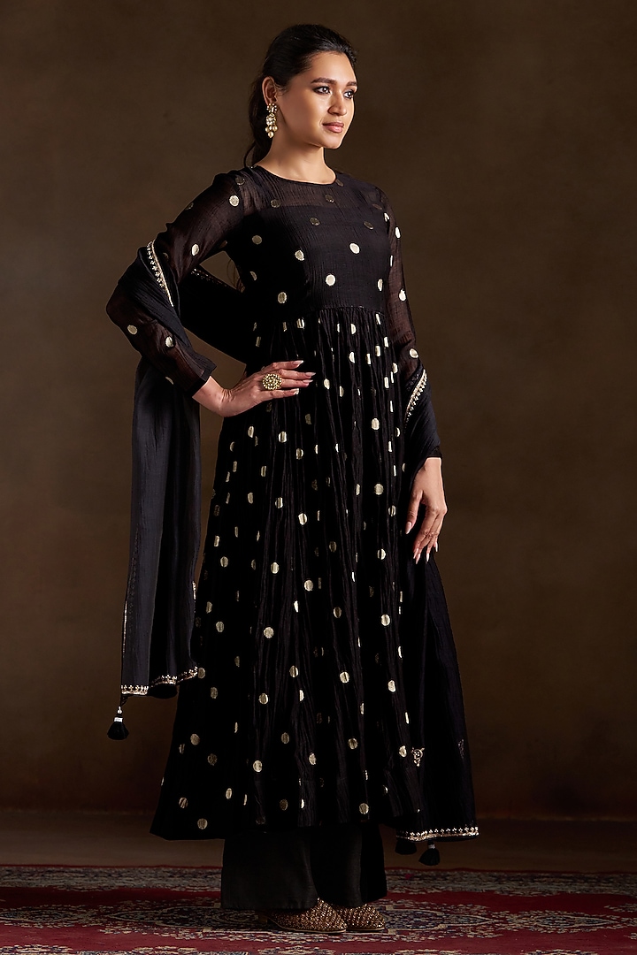 Black Pure Chanderi Sequins Embroidered Party Wear Anarkali Set by Almaari by Pooja Patel at Pernia's Pop Up Shop
