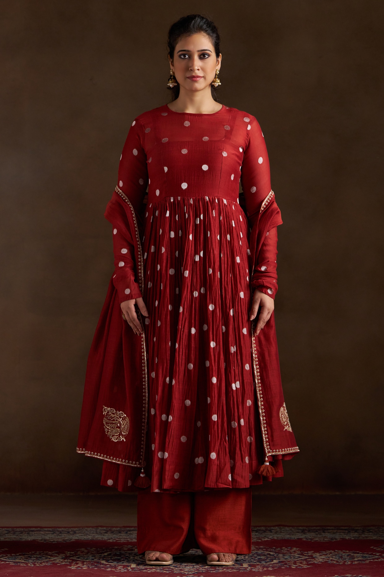 Almaari by Pooja Patel Rust Pure Chanderi Sequins Embroidered Anarkali Set