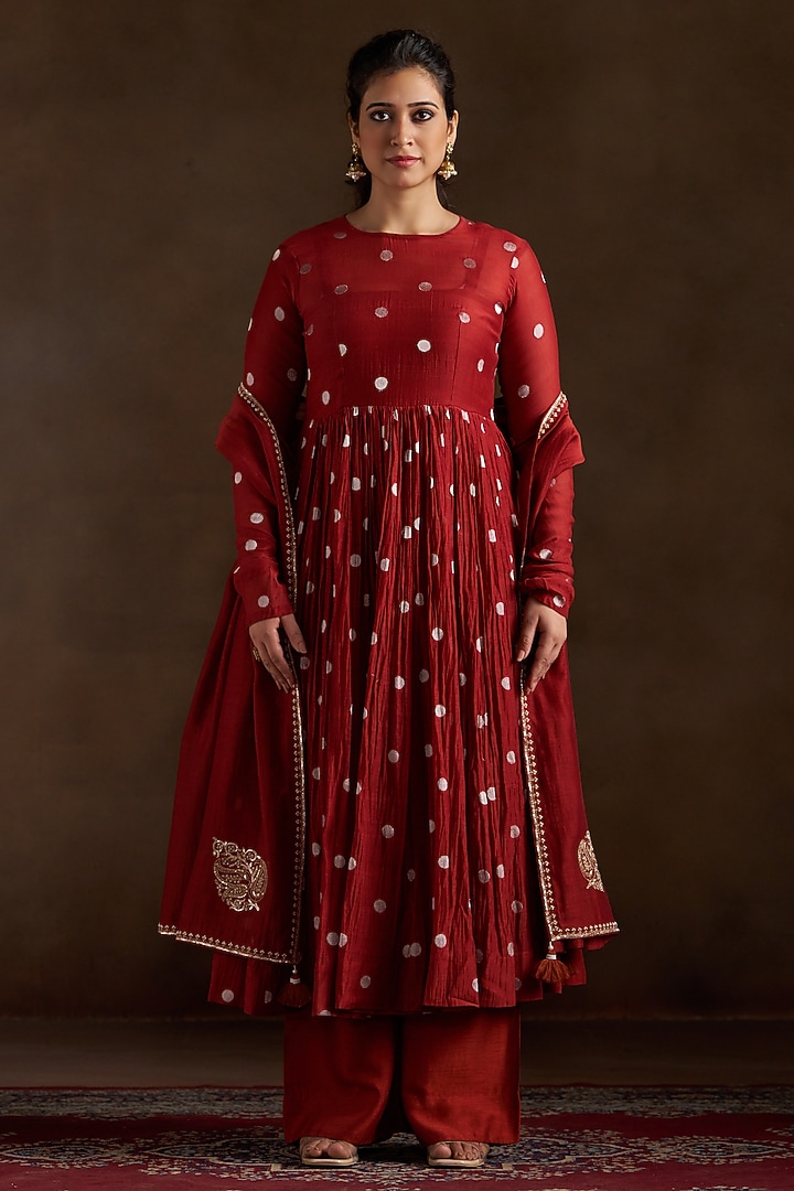 Rust Pure Chanderi Sequins Embroidered Party Wear Anarkali Set by Almaari by Pooja Patel at Pernia's Pop Up Shop
