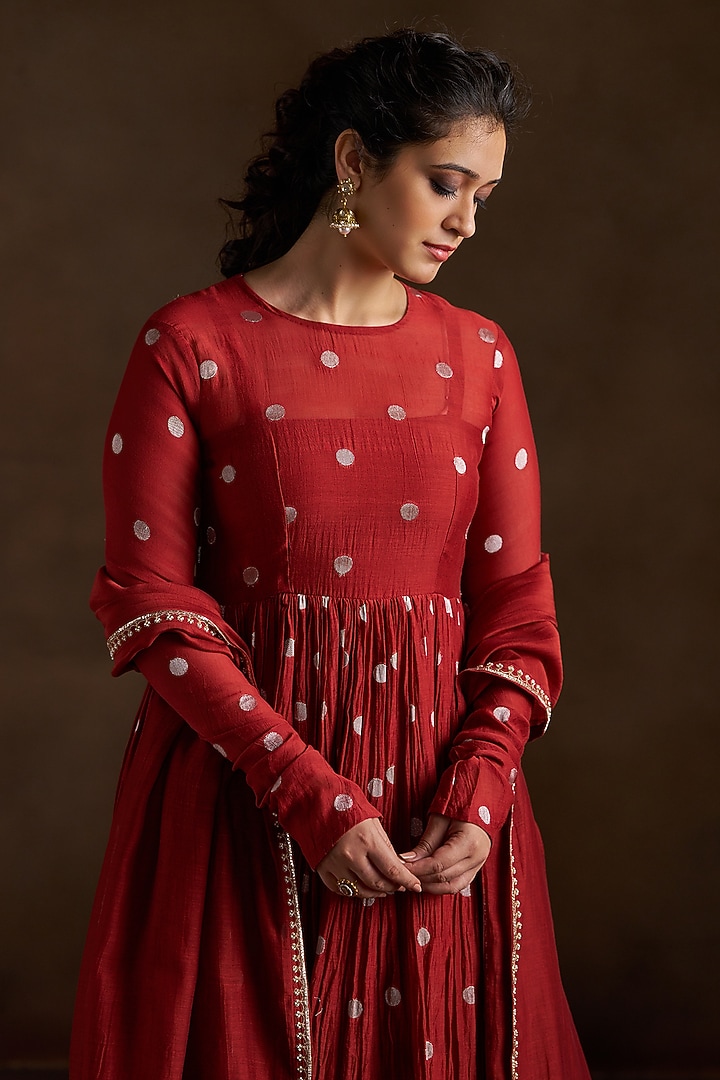 Rust Pure Chanderi Sequins Embroidered Party Wear Anarkali Set by Almaari by Pooja Patel at Pernia's Pop Up Shop