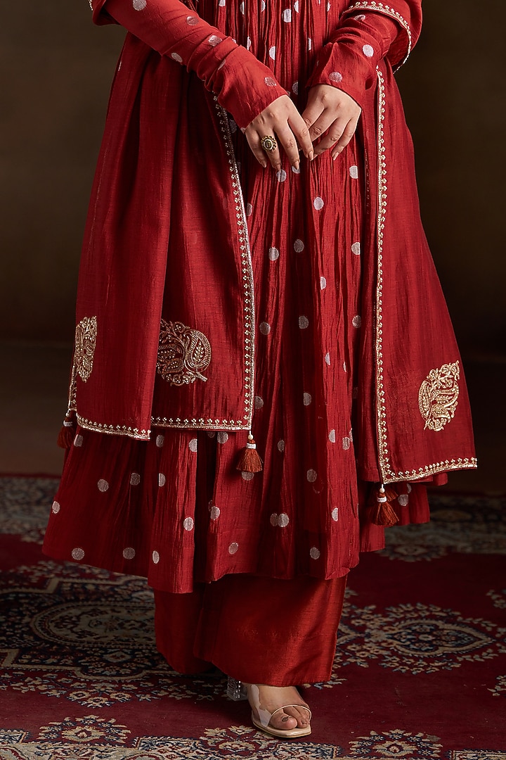 Rust Pure Chanderi Sequins Embroidered Party Wear Anarkali Set by Almaari by Pooja Patel at Pernia's Pop Up Shop