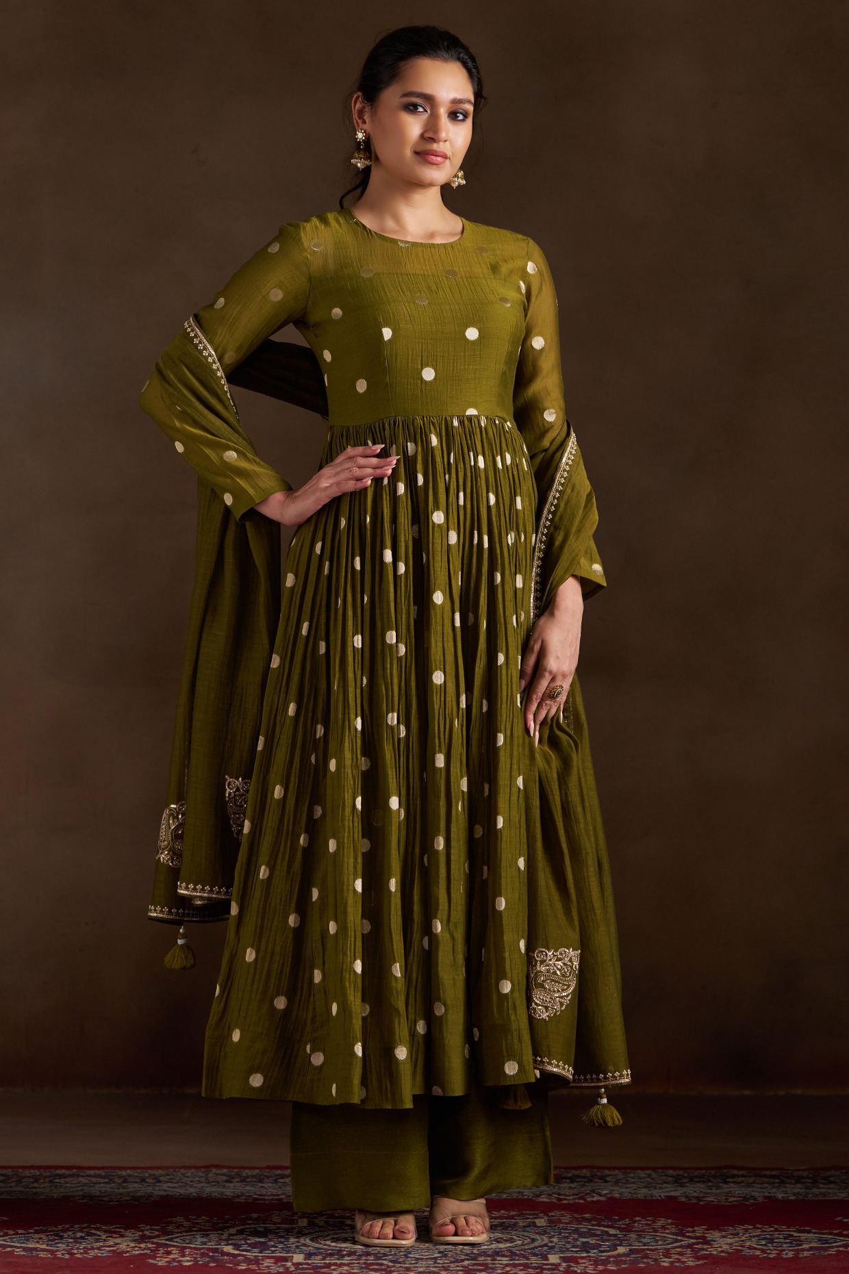Almaari by Pooja Patel Mehendi Green Pure Chanderi Sequins Embroidered Anarkali Set
